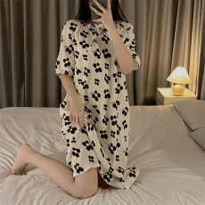 批发实拍~<b class='q'>夏</b>季纯棉皱布黑色碎花圆领系绳短袖睡裙女简约韩版ins家居服