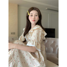 批发实拍实价韩版甜美提花可爱全棉樱桃印花蕾丝公主风宽松睡衣连衣裙
