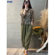 批发2026休闲棉麻套装大码遮肉印花上衣亚麻哈伦裤两件套