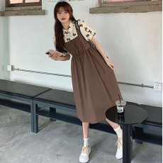 法式大码洋气设计感学院风夏季遮肚子显瘦假两件辣妈哺乳连衣裙