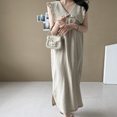 批发现货 韩国chic 宽松娃娃领显瘦减龄气质韩版夏季棉麻无袖长裙女
