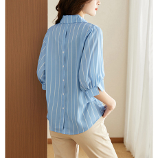 批发实拍条纹衬衫女七分袖夏季2026新款洋气衬衣女人味别致设计感上衣