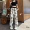 2023夏薄款玫瑰花印花宽松显瘦褶皱垂感设计百搭薄款休闲阔腿裤女轮播图5