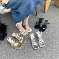 批发绝美凉鞋女2023夏新款时装一字带高跟鞋细跟气质名媛罗马女鞋