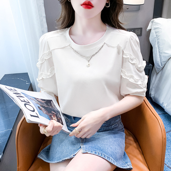 RM8181#夏季新款时尚百搭韩版配链条拼木耳花边短袖纯色上衣