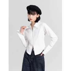 批发白色双拉链衬衫女春秋<b class='q'>冬</b>短款收腰法式衬衣不规则纯棉polo翻领上衣