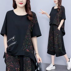 批发实拍 <b class='q'>夏</b>季套装女 胖MM宽松拼接印花短袖圆领两件套时尚大码女装