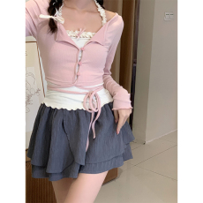 批发大码胖MM纯欲风芭蕾少女纯欲挂脖开衫+高腰蓬蓬裙女<b class='q'>春</b>辣妹套装
