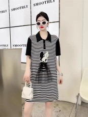 polo领条纹裙子大码女装胖MM中长款宽松显瘦连衣裙卡通休闲针织裙