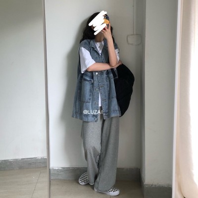 2023韩版新款微胖穿搭牛仔马甲女大码胖MM宽松无袖工装夹克外套潮