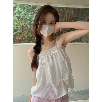 实拍实价~夏季宽松显瘦双层褶皱娃娃衫吊带背心女
