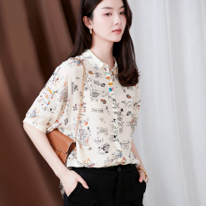 批发<b class='q'>真丝</b>短袖女<b class='q'>衬衫</b>小众简笔画印花2026夏季新款气质五分袖桑蚕丝上衣