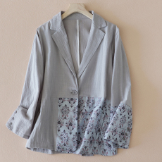 实拍新款夏装苎麻小西服短外套女复古文艺薄款贴布拼接上衣