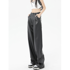 批发黑色pu皮休闲西装裤女夏季薄款皮裤<b class='q'>高腰</b>直筒窄版<b class='q'>阔腿裤</b>拖地长裤子