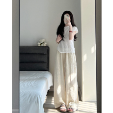 韩版纯色简约短袖睡衣女夏2023新款宽松长裤家居服套装可外穿