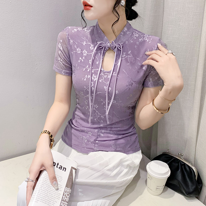 RY188# 2026夏季新款复古盘扣立领拼接网纱短袖T恤气质上衣小衫女