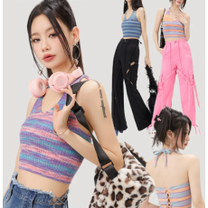 批发2026夏季辣妹露背后腰绑带V领甜酷针织挂脖条纹吊带小<b class='q'>背心</b>