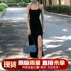 黑色性感开叉辣妹法式吊带连衣裙子女夏季2023新款赫本风包臀长裙