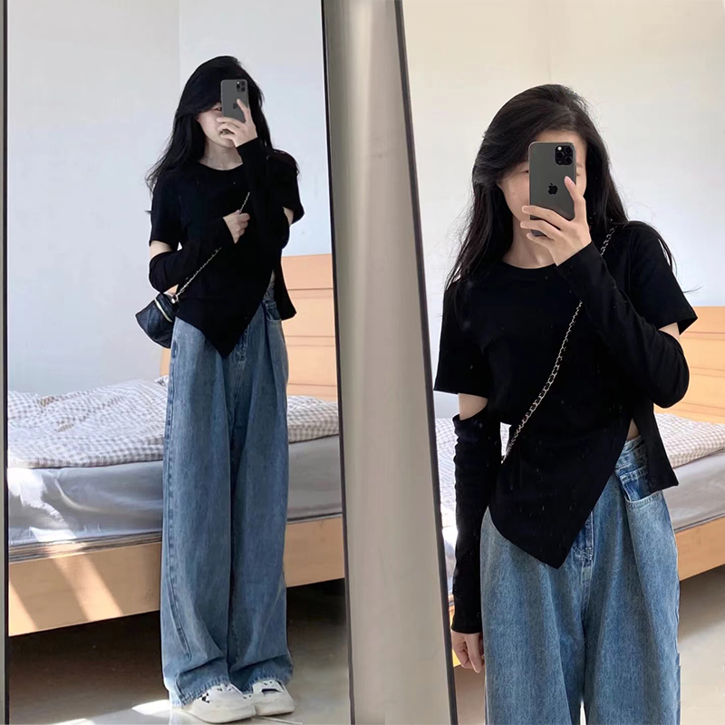 Pure cotton right shoulder irregular hollow hole long-sleeved T-shirt women's spring design niche slit waist top trend