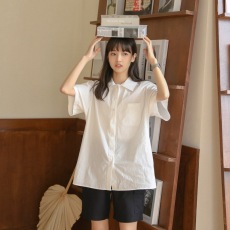 批发纯棉小清新学院风POLO领衬<b class='q'>衫</b>女白色宽松韩版<b class='q'>寸</b>上衣短袖设计感小众