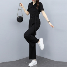 批发2025新款女装夏季修身高腰连衣裤女黑色显瘦<b class='q'>雪纺</b>短袖<b class='q'>连体裤</b>喇叭裤