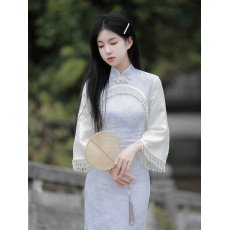 批发2026春秋复古新中式倒大袖旗袍日常改良蓝色小个子年轻少女款