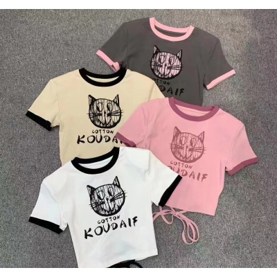 6199#小猫图案短袖上衣女春夏新款减龄百搭后背小镂空设计短款T恤