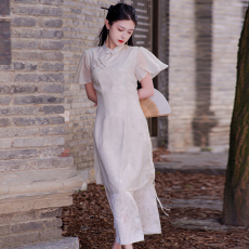 新中式小众设计感印花抽绳改良旗袍连衣裙