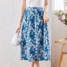 批发实拍夏新款蓝色油画风碎花高腰雪纺复古A摆裙通勤半身裙