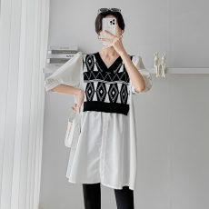 批发<b class='q'>夏</b>季孕妇简约穿搭配鲨鱼裤打底裤欧货V领假两件短袖衬衫法式上衣