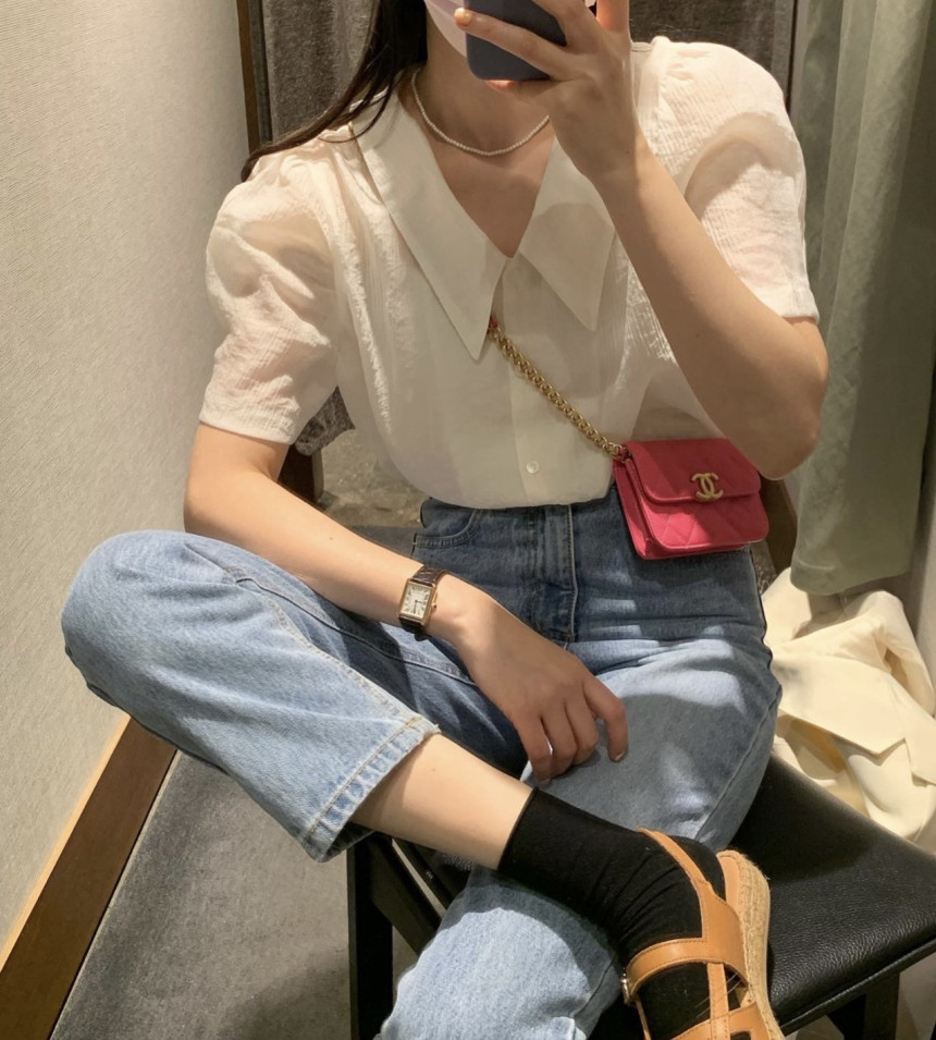 있음 선적 한국 chic 여름 미니멀리즘 단색 폴로 칼라 버블 반팔 셔츠