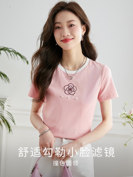 RM7074#天然精梳棉山茶花T恤短袖夏设计感时髦钉珠撞色圆领上衣