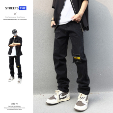批发2023高街新款水洗纯黑绣花破洞牛仔裤男女款美式hiphop<b class='q'>嘻</b><b class='q'>哈</b>长裤子