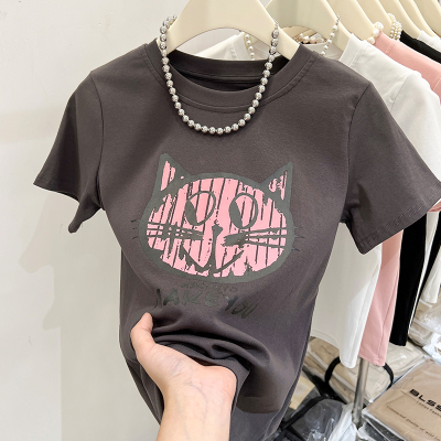 现货实拍#短袖t恤女夏季2023新款印花设计感美式修身显瘦上衣女潮