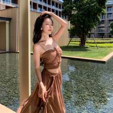 法式茶歇温柔风挂脖吊带网纱连衣裙重工设计感韩剧绝美裹胸裙子夏