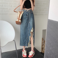 批发复古牛仔半身裙女春<b class='q'>秋</b>新款梨形身材大码高腰显瘦设计感破洞a字裙