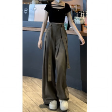 设计感西装裤女2023夏季气质高腰显瘦绑带垂坠感直筒阔腿裤长裤潮