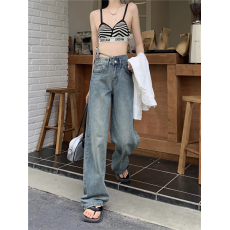 批发实拍美式复古不规则做旧高腰牛仔裤女秋<b class='q'>冬</b>阔腿百搭显瘦绑带拖地裤
