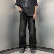批发蓝深灰双色复古重工水洗手工擦色牛仔裤