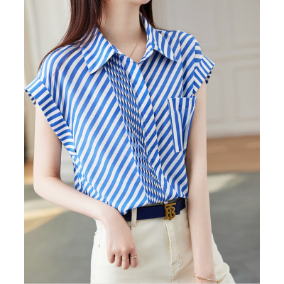德玛纳蓝色条纹短袖衬衫女2023年夏季新款设计感小众时尚通勤上衣