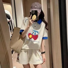 批发女装休闲运动套装女夏季2023新款撞色翻领刺绣短袖上衣短裤两件套