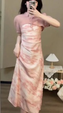 夏季新中式女装粉色吊带连衣裙子质感高级感小洋装温柔小香风套装