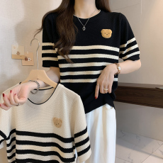 批发2026年夏季新款条纹勾花冰丝针织衫上衣大码女装宽松短袖T恤