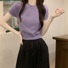 批发实拍实价 软糯水貂绒性感辣妹秋<b class='q'>冬</b>短袖针织衫上衣