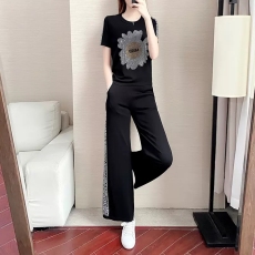 批发2023新款<b class='q'>夏</b>季黑色阔腿裤套装女<b class='q'>夏</b>休闲薄款短袖显瘦运动两件套