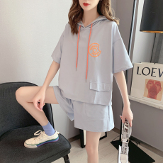 批发运动短裤套装女2023<b class='q'>夏</b>季新款时尚宽松韩版连帽短袖卫衣休闲两件套