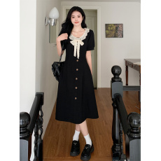 批发实拍2026夏季新款韩版圆领甜美蕾丝蝴蝶结遮肉显瘦长款A字<b class='q'>连衣裙</b>