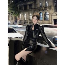 批发黑色立领皮衣外套女早春2023新款时尚高级感宽松气质短款a字裙潮