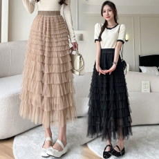 批发实拍 多层蛋糕裙女春季高腰显瘦百搭A字长款网纱拼接蛋糕裙半身裙
