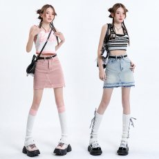 批发实拍牛仔短裙女2023年夏装高腰显瘦百搭不规则A字裙包臀裙 有内衬